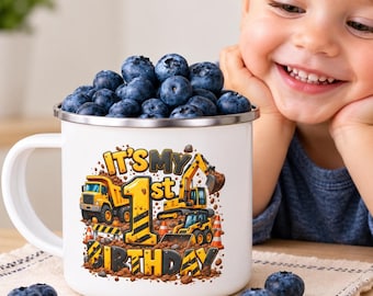 Taza de esmalte personalizada para niños, taza de construcción, taza de excavadora con nombre personalizado, taza de constructor para niños
