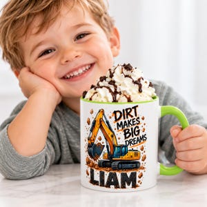 Mug pelleteuse personnalisé pour enfants, Mug chantier, Tasse enfant personnalisée avec prénom, Cadeau pour petits constructeurs