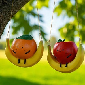 Puede incluir: Dos macetas de cerámica con forma de fruta colgando de una rama de árbol. Una es una naranja con una hoja verde, la otra una manzana roja. Ambas están en columpios amarillos con forma de plátano, con caras sonrientes.