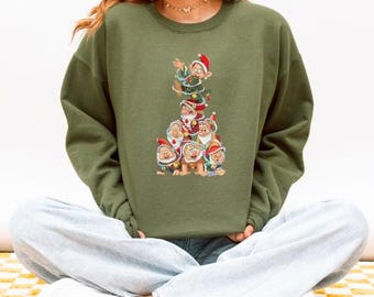 Sudadera navideña de cuello redondo con elfos de Santa Claus apilados / Elfo navideño apilado