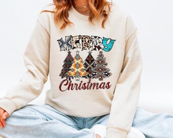 Sudadera navideña con árboles del suroeste y estampado tribal rústico navideño