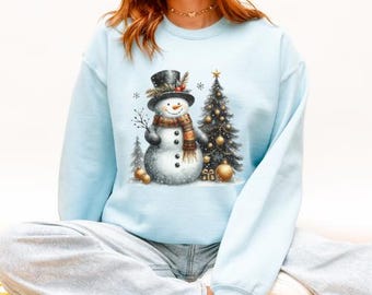 Sudadera con ilustración de muñeco de nieve / Sudadera de cuello redondo de invierno con diseño original