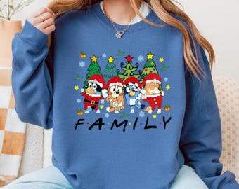 Sudadera de cuello redondo con dibujos animados de Navidad para la familia / Árboles de pingüinos navideños F.A.M.I.L.Y.