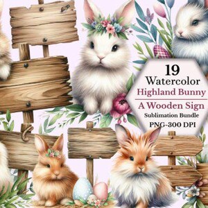 Highland Bunny & Wooden Sign Watercolor Clipart Bundle | Cute Easter Rabbit PNGs Floral Easter Bunny Illustrations for Sublimation Crafts