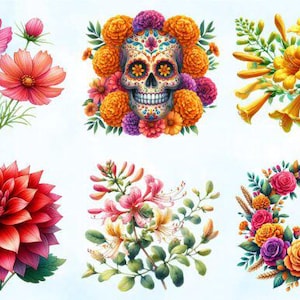 Mexican Flowers Clipart: Otomi Floral PNG Illustrations (Digital Download)