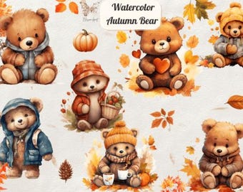 Clipart de oso en acuarela: PNG de animales del bosque otoñal para sublimación (descarga digital)