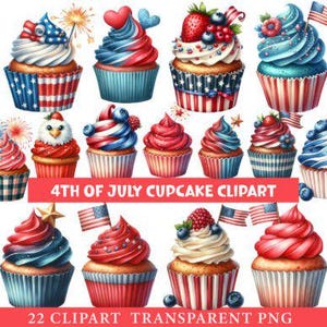 4th of July Cupcake Clipart Bundle – Patriotic Watercolor Sweet Treats | Independence Day PNG for Sublimation, Cards, Crafts & More