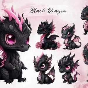 Cute Black Dragon Clipart Bundle | Baby Dragon, lovely png, Stickers | Digital Download | Whimsical Sublimation Designs