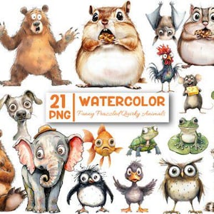 May include: Watercolor illustrations of 21 whimsical animals, including a bear, squirrel, and owl. The image features a variety of creatures with expressive faces and the text "21 WATERCOLOR PNG Funny Frazzled Quirky Animals".