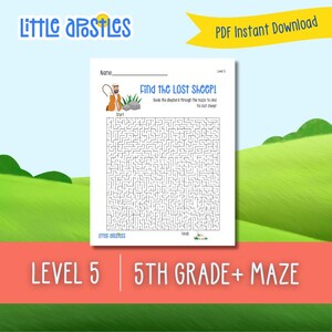 May include: A black and white maze worksheet with the title "Find the Lost Sheep!" and instructions to guide the shepherd through the maze to find his lost sheep. The worksheet is labeled "Level 5" and "5th Grade + Maze".