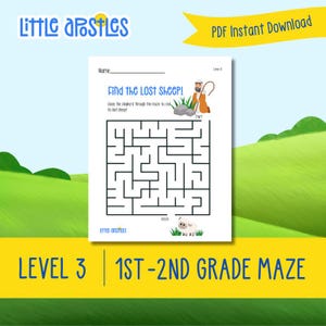 May include: A printable maze worksheet for children in 1st or 2nd grade. The maze features a shepherd and a lost sheep. The text on the worksheet reads "Find the Lost Sheep!" and "Guide the shepherd through the maze to find his lost sheep!"