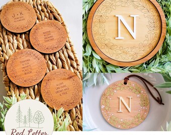 Personalized Botanical Laser Cut SVG Gift Set | Modern Floral Wall Sign, Ornament & Coaster File | Wedding, Anniversary, Housewarming Bundle