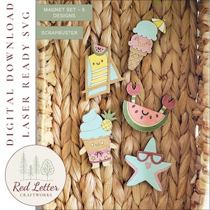May include: A set of five laser-cut wooden magnets with a summer theme. Designs include an ice cream cone, a crab with a watermelon slice, a starfish wearing sunglasses, and a beach chair. The magnets are displayed on a woven background.