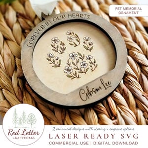 Round Floral Pet Memorial Ornament SVG | Botanical Paw Print Remembrance Laser Cut File | Personalized Keepsake Gift for Dogs, Cats & More