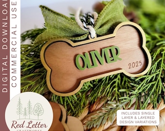 2025 Christmas Dog Bone Ornament SVG | Minimalist Pet Holiday Ornament Laser Cut File | Personalized Xmas Gift/Stocking Tag for Dog Lovers