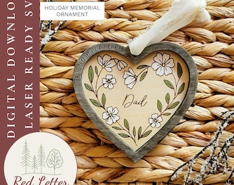 Christmas Botanical Memorial Ornament SVG | Scored Heart-Shaped Floral Remembrance Laser Cut File | Personalized Memorial Keepsake Xmas Gift