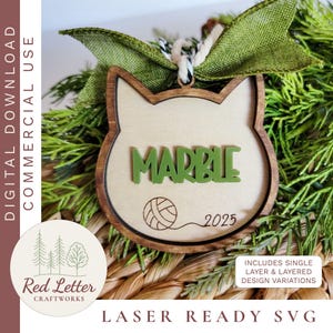 2025 Christmas Cat Ornament SVG | Minimalist Feline Holiday Ornament Laser Cut File | Personalized X-mas Gift / Stocking Tag for Cat Lovers