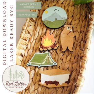 Conjunto de ímãs para acampamento SVG | Arquivo recortado a laser com urso, barraca, marshmallow, fogueira e montanhas | Decoração divertida para geladeira ou presente da natureza | Scrapbuster Digital SVG