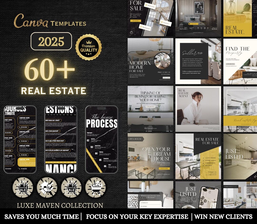 Luxury Real Estate Template Bundle in Gold and Black, Realtor Branding ...