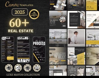 Luxury Real Estate Template Bundle in gold and black, Realtor Branding, Social Media Post Template Kit, Real Estate Instagram Canva Template