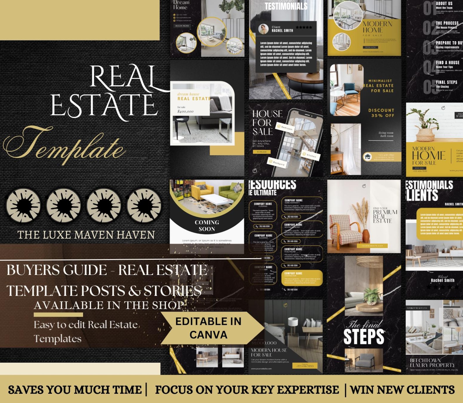 Luxury Real Estate Template Bundle in Gold and Black, Realtor Branding ...