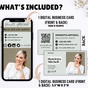 Puede incluir: Una plantilla de tarjeta de visita digital para un agente inmobiliario. El anverso de la tarjeta presenta una foto del agente, Henrietta Mitchell, y su información de contacto. El reverso de la tarjeta tiene un código QR que se puede escanear para obtener más información sobre el agente. La tarjeta mide 8,9 cm de ancho por 5,1 cm de alto.