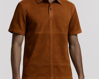 Men's Suede Leather Tracksuit: Handmade Brown Shirt & Shorts Co-ord Set
