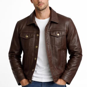 Chaqueta vaquera de cuero auténtico para hombre, estilo camionero, color marrón, con estampado vaquero vintage y diseño cafe racer.