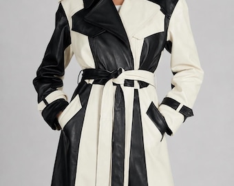 Patchwork Leder Trenchcoat, Schwarz und Weiße Asymmetrische Lange Jacke