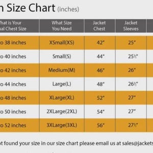 Puede incluir: Tabla de tallas de chaquetas para hombre, con medidas en pulgadas. La tabla incluye la talla del pecho, la talla de la chaqueta, el pecho, las mangas y los hombros. Tallas de XS a 3XL. Pecho de 91 cm a 132 cm.