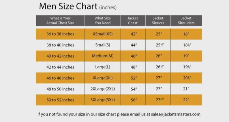Puede incluir: Tabla de tallas de chaquetas para hombre, con medidas en pulgadas. La tabla incluye la talla del pecho, la talla de la chaqueta, el pecho, las mangas y los hombros. Tallas de XS a 3XL. Pecho de 91 cm a 132 cm.