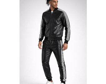 Men’s Black Genuine Leather Tracksuit | Sweatsuit with White Stripes | Jogger Style Leather Track Suit