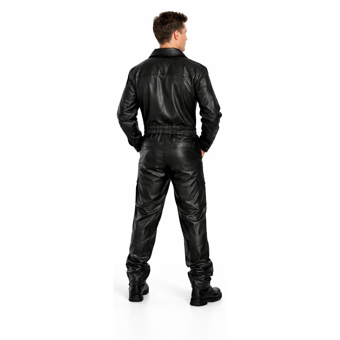 美品【lit】 Fake Leather Coveralls Jacket Men's Black Leather Aviator Overalls – Pilot Flight Suit Jumpsuit
