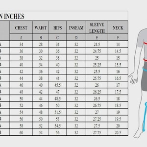 May include: A size chart for men's clothing, displaying measurements in inches. The chart includes chest, waist, hips, inseam, sleeve length, and neck sizes for various sizes from small to 4X-large. A diagram of a man illustrates where to measure.