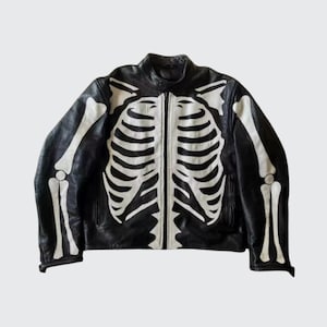 Men&#39;s Skeleton Leather Jacket | Skull & Bones Design | Biker Motorcycle Fashion | Gothic Punk Style | Unique Outerwear | Genuine Cow Leather