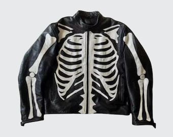 Herren Rindsleder Skeleton Biker Jacke: Gothic Punk Style