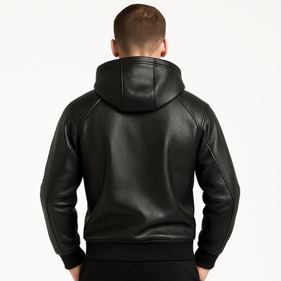 Buy Handmade Black Sheepskin Leather Hoodie: Men's Biker Style