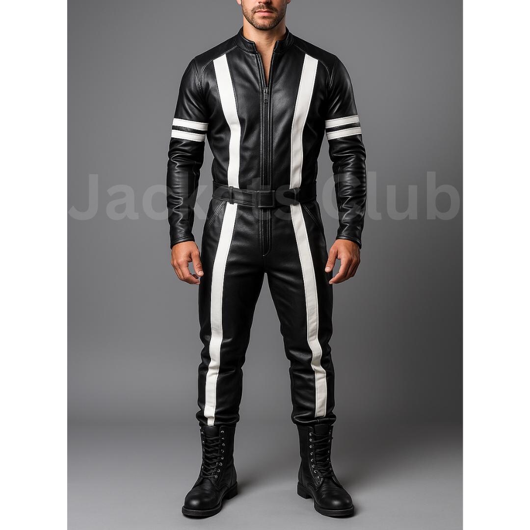 Handmade Sheep Leather Motorcycle Jumpsuit: Black & White Racing Handmade Sheep Leather Motorcycle Jumpsuit: Black & White Racing