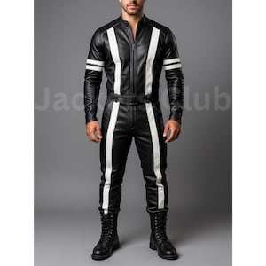 MOTO leather レザーキャスケット 黒と白 ストライプ Handmade Sheep Leather Motorcycle Jumpsuit: Black & White Racing