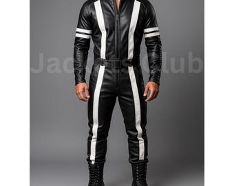 Handgefertigter Motorrad-Overall aus Schafsleder: Black & White Racing Suit