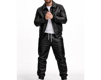 Herren Echtleder Schwarz Trainingsanzug Sweatsuit Jogging Trainingsanzug