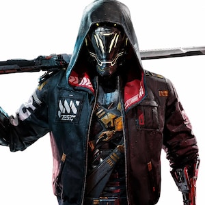 May include: A futuristic character wearing a black hooded jacket with red interior lining, white graphic text, and metallic accents. The character has a dark helmet with glowing yellow visor lines and carries a long sword across the shoulders.