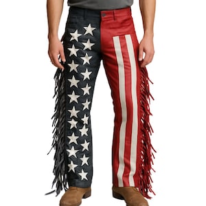 Handmade American Flag Leather Fringe Pants Unisex Patriotic Festival Wear USA Biker Pants Independence Day Outfit Halloween Gift