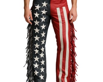 Handgefertigte Amerikanische Flagge Leder Fransen Hose: Unisex Crossbody Biker Stil