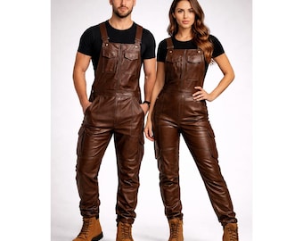 Mono con peto de cuero marrón auténtico para hombre: uniforme de peto hecho a mano y con ajuste personalizado.