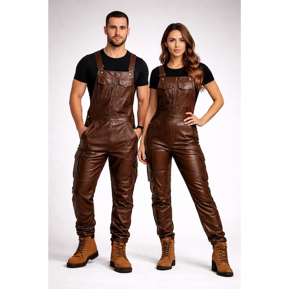 Men's Genuine Brown Leather Bib Overalls Jumpsuit - Handmade Dungaree Uniform Custom Fit Men's Genuine Brown Leather Bib Overalls Jumpsuit - Handmade Dungaree Uniform Custom Fit