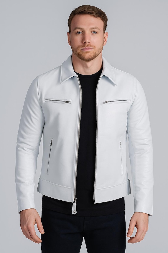 Men's Real White Leather Jacket Biker Motorcycle Genuine Lambskin