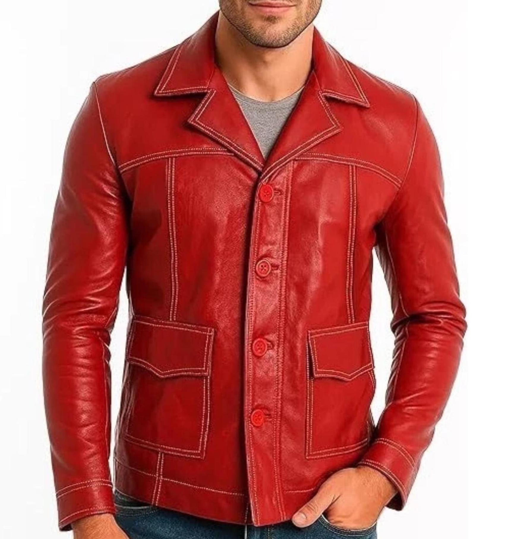 Tyler Durden Red Leather Jacket for Men | Fight Club Brad Pitt