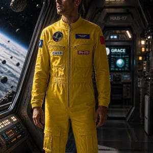 May include: A bright yellow long-sleeved jumpsuit featuring a high collar, a full-length front zipper, and multiple utility pockets on the chest and legs. The garment displays various embroidered patches including CNSP, PHM, and a blue wing emblem.
