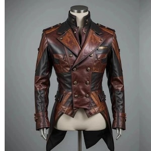 May include: A brown and black leather jacket with a double-breasted design. The jacket features a high collar, multiple pockets, and decorative buttons. The jacket has a tailored fit and a unique, patchwork-like construction.